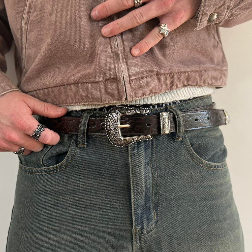 y2k brown leather and silver western cowboy boho belt - Picture 6 of 9